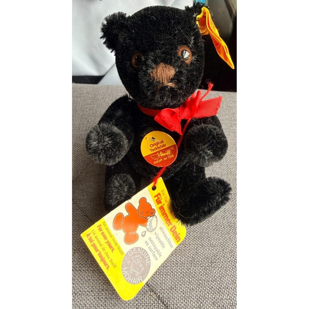 Steiff Black Teddy Bear 5" Genuine Mohair Jointed Collar 0208/14 Vintage